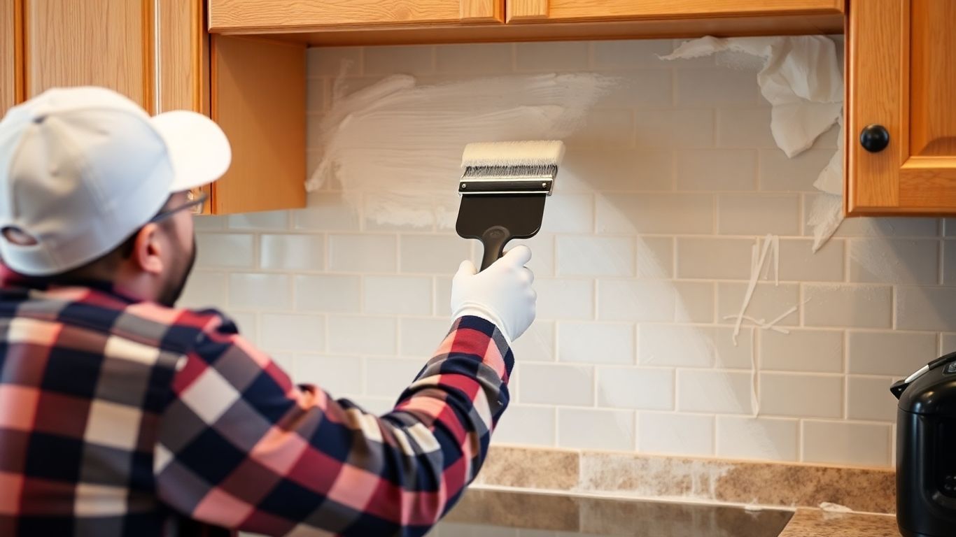Painter applying paint to kitchen backsplash tiles.