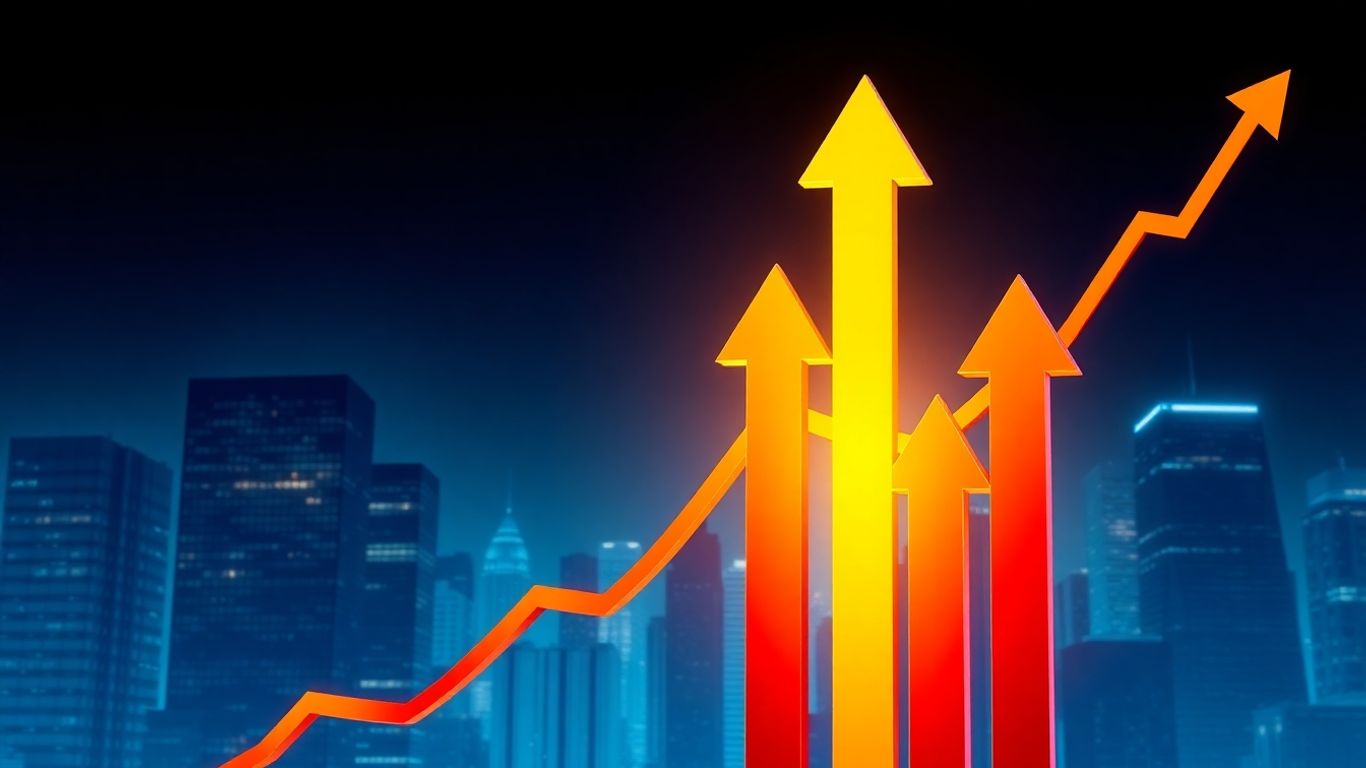 Stock market chart with upward trend and city skyline.