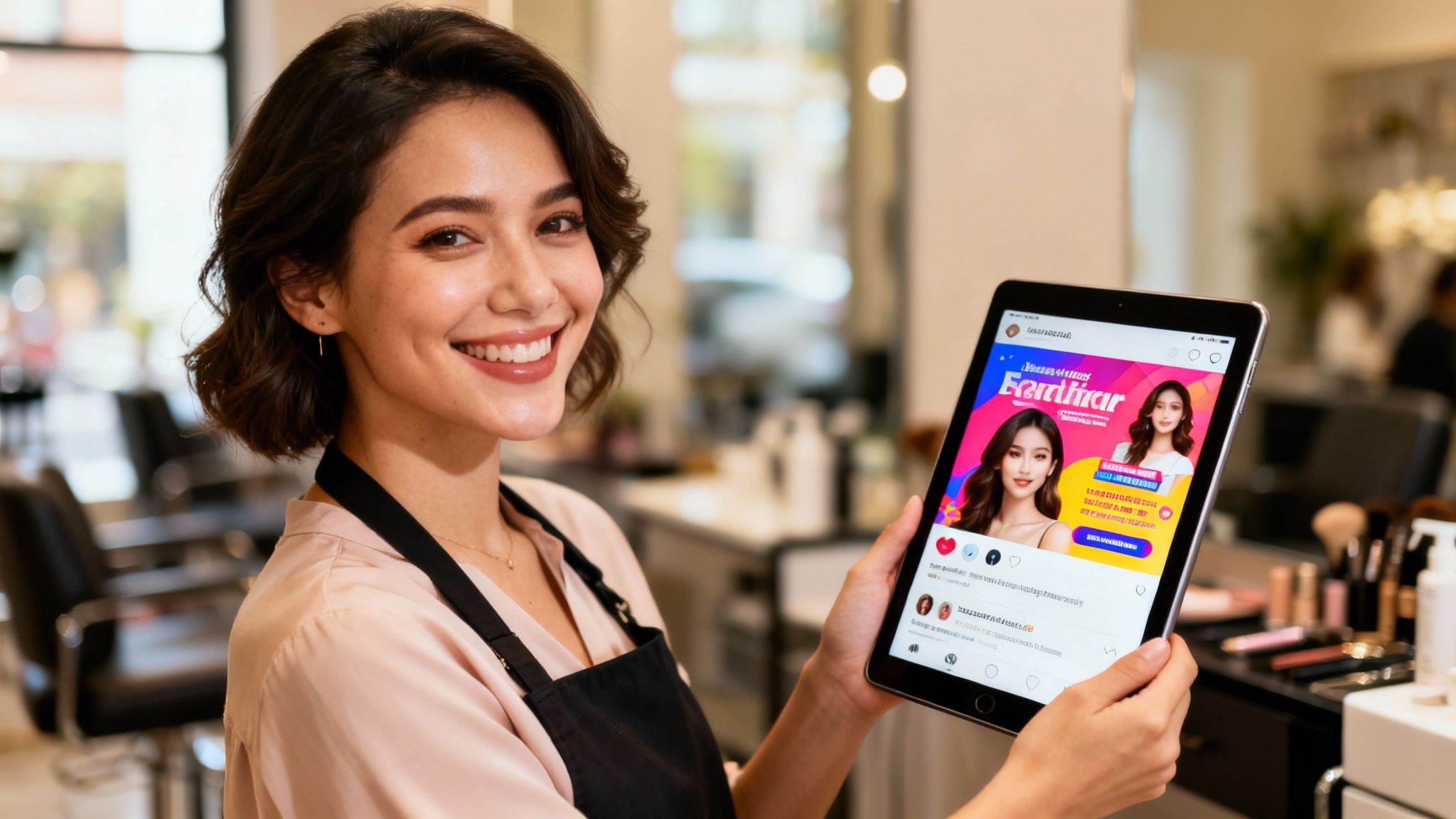 Beauty salon owner using a tablet to view social media ads.