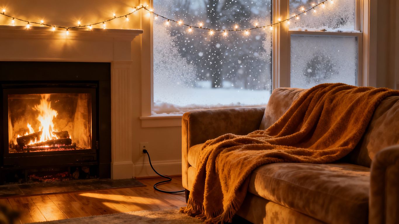 Cozy winter living room with electrical safety in mind.