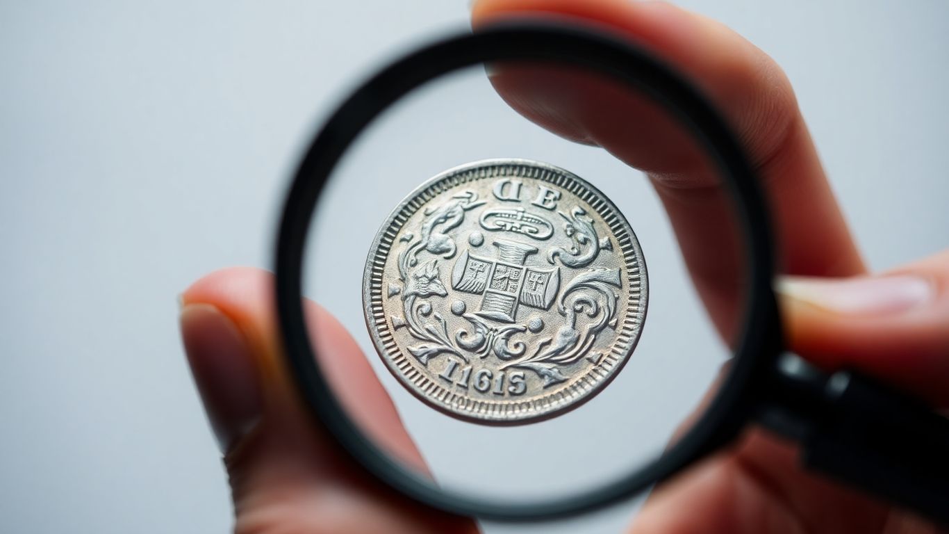Magnifying glass examining a detailed, valuable coin.