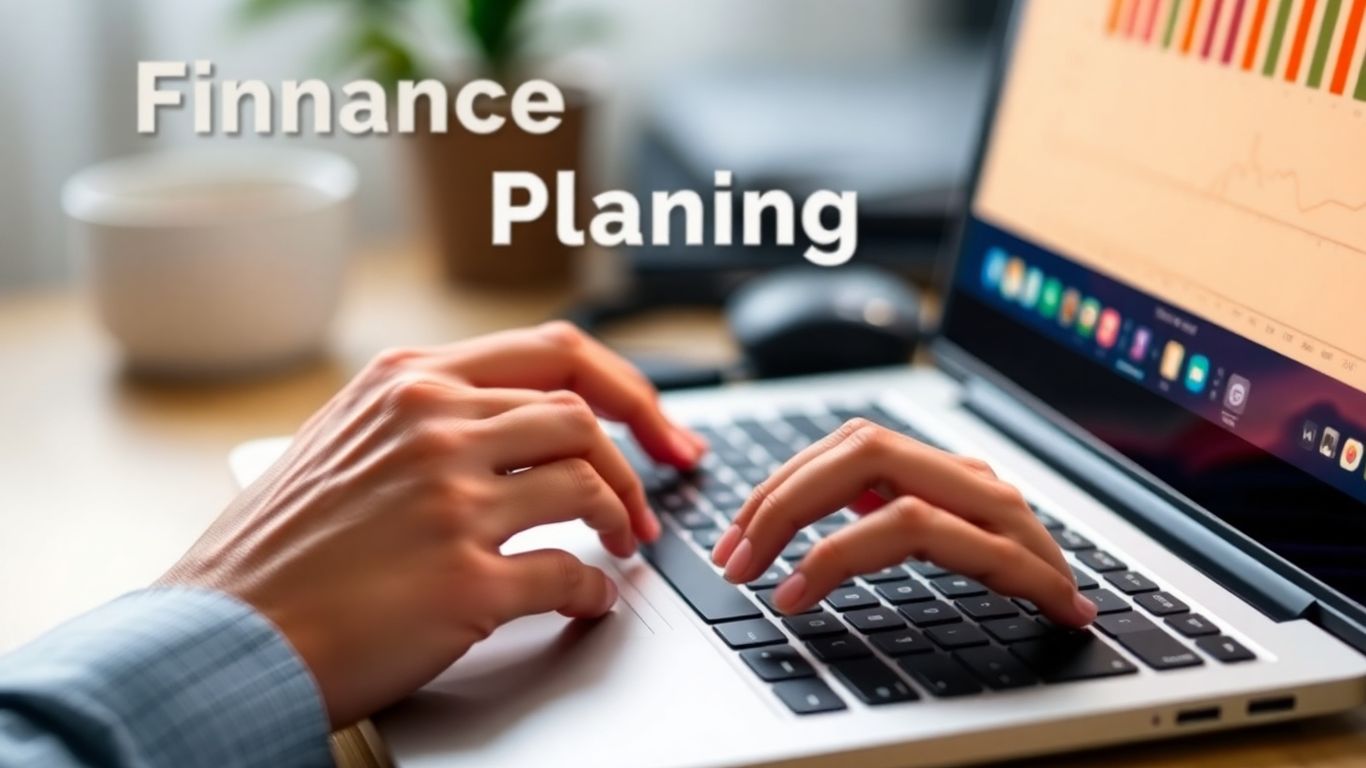 Hands using a laptop for financial planning.
