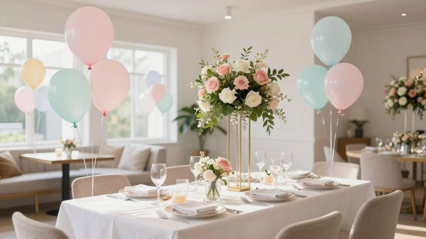 Elegant baby shower venue in Dallas with balloons and flowers.