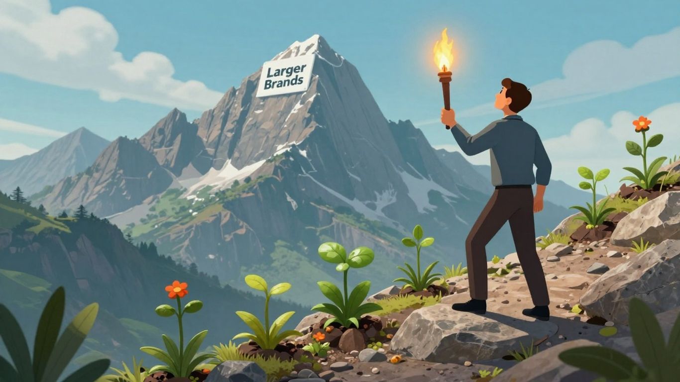 Small business owner climbing mountain towards success.