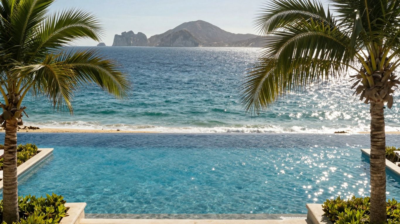 Infinity pool overlooking Cabo ocean with palm trees.