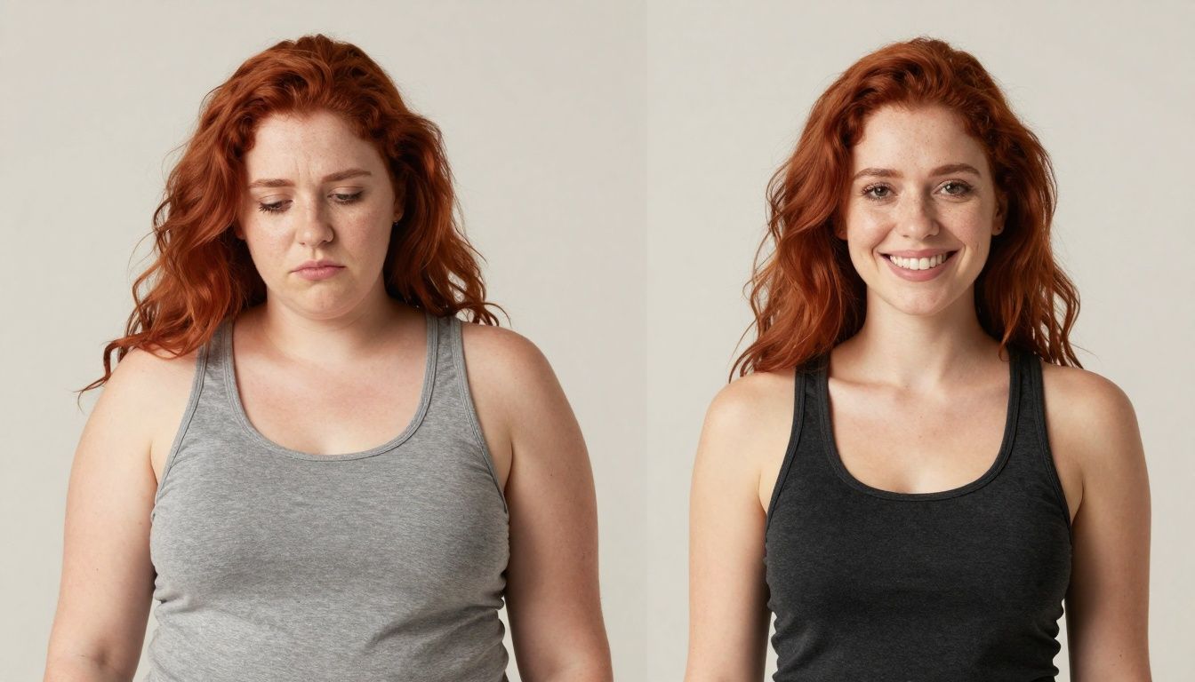 Red-headed woman's weight loss before and after transformation.