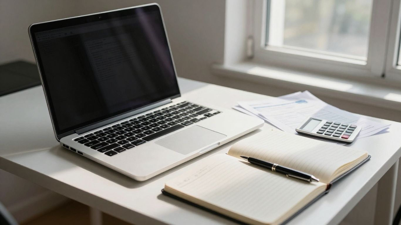 Schreibtisch mit Laptop und Unterlagen
