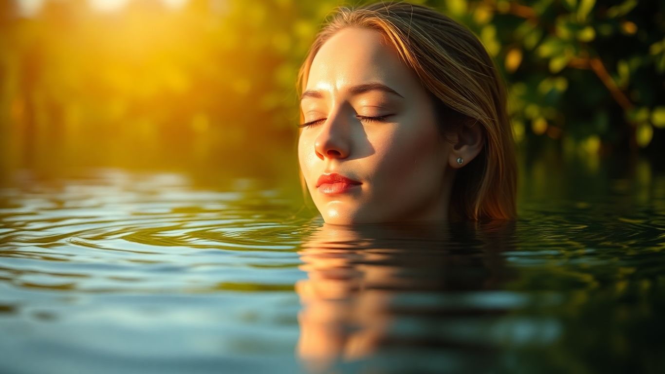 Person meditating peacefully by calm water