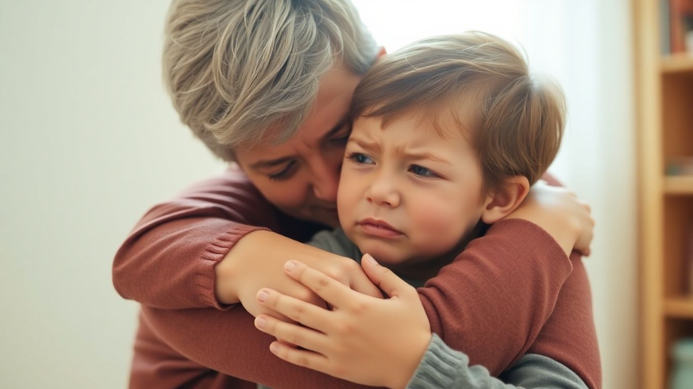 Părinte consolând un copil preșcolar plângând.