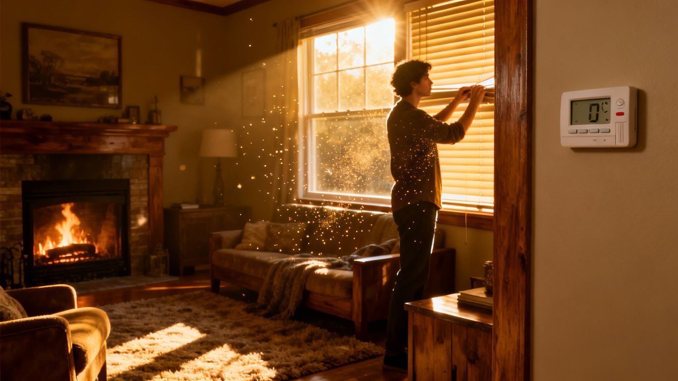 Cozy living room with fireplace and sunlight, thermostat visible.