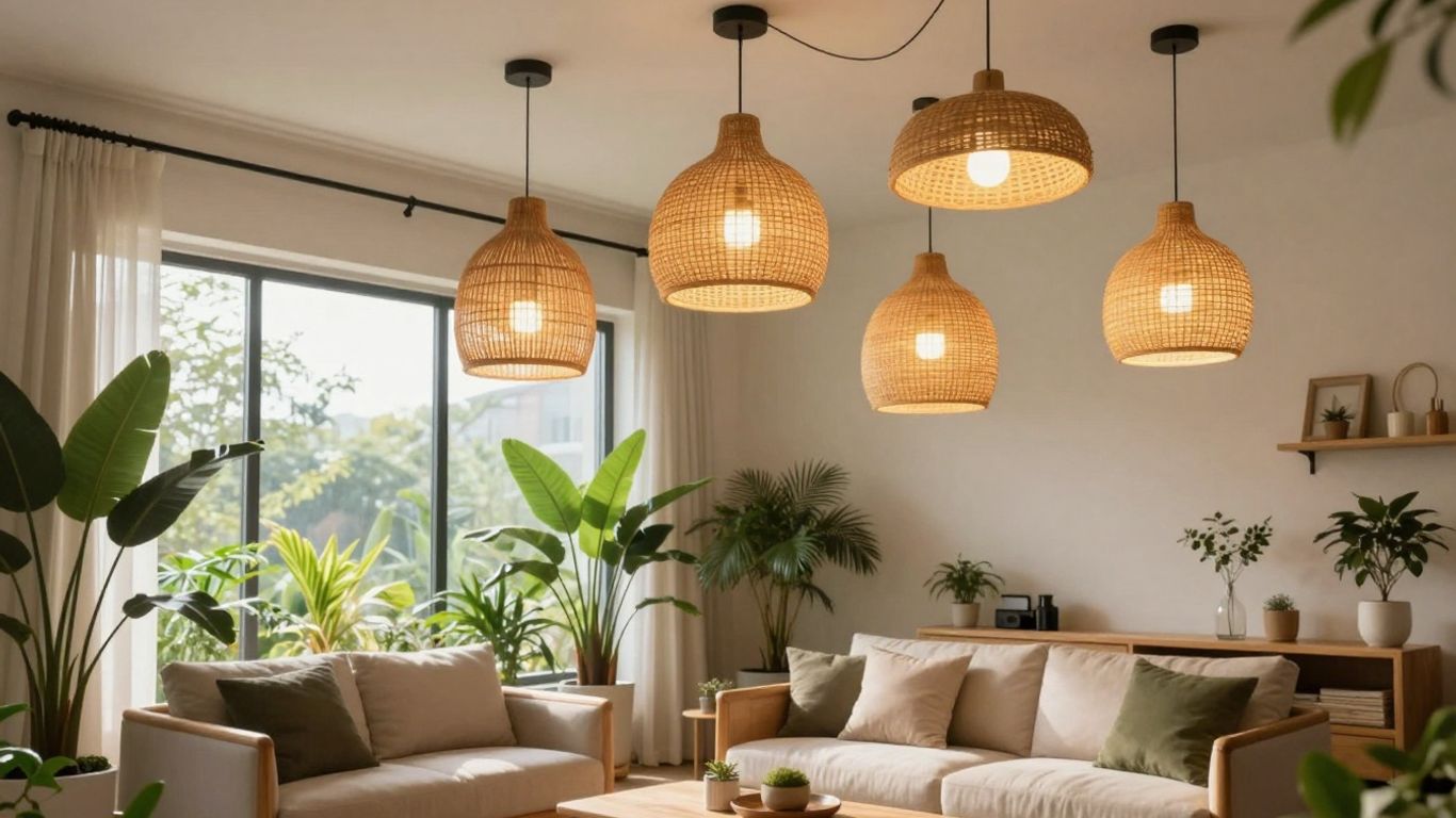 Bright modern room with hanging LED lights and plants.