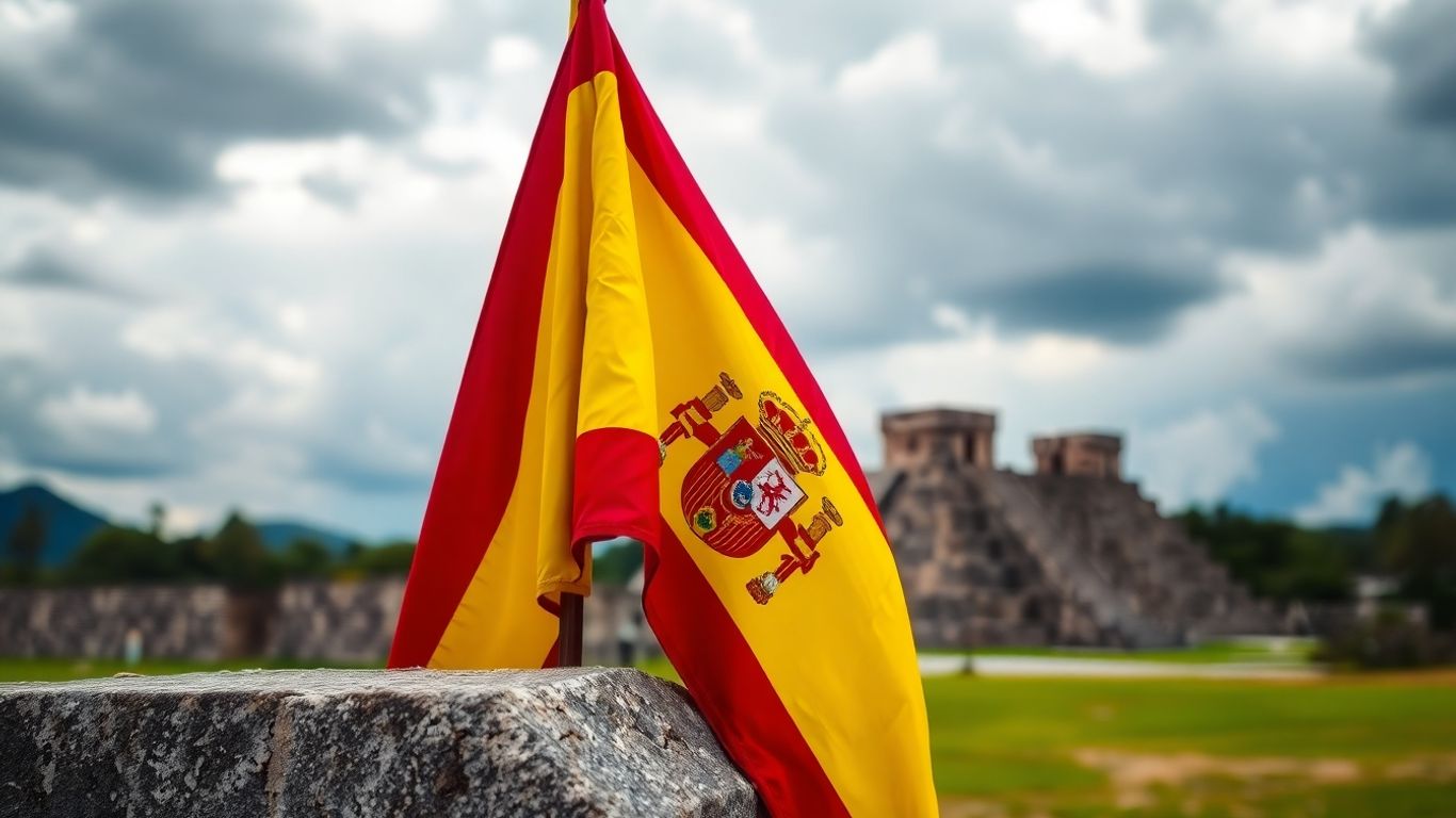 Spanish flag over Aztec ruins, historical reflection.