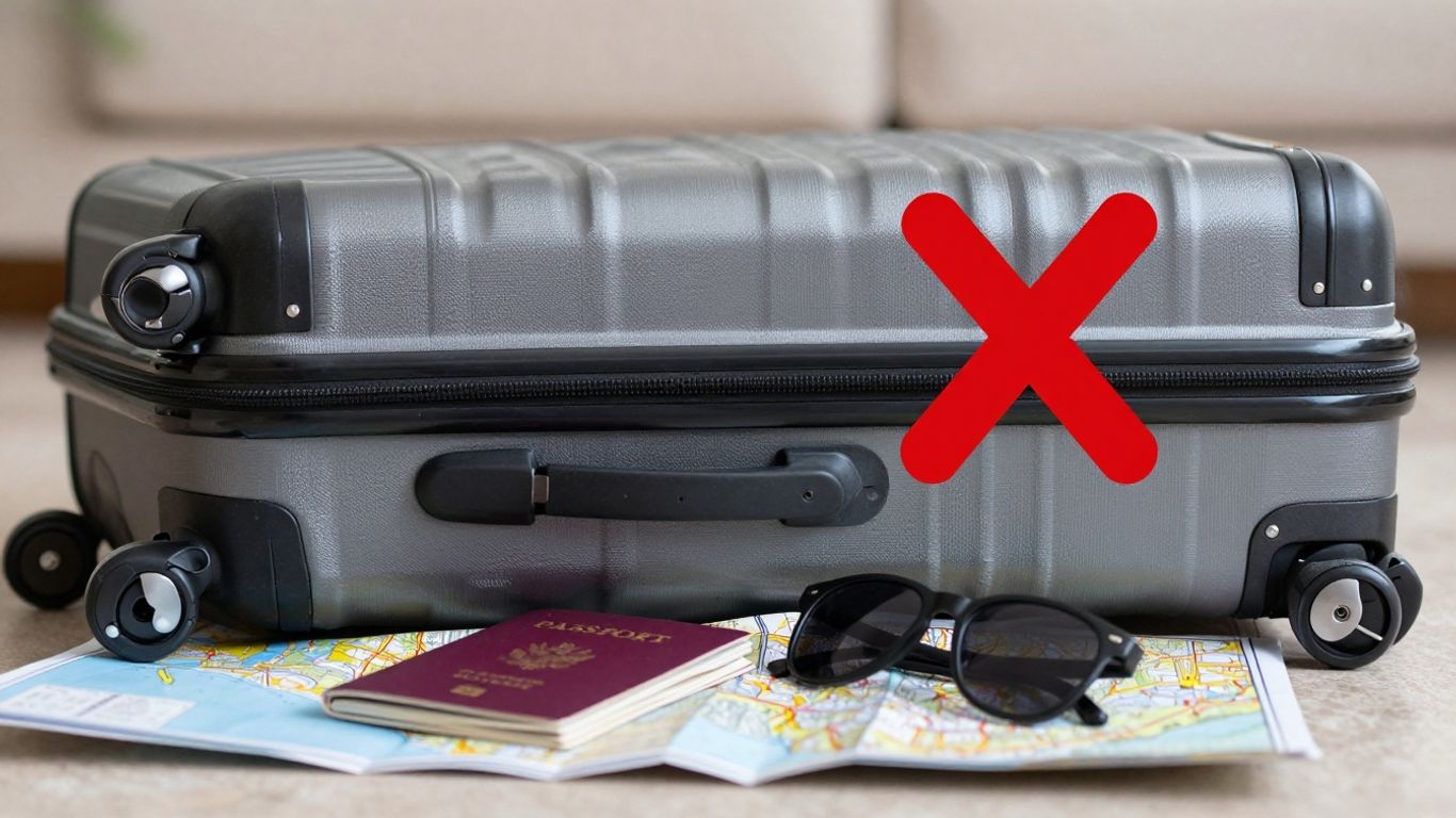 Suitcase with red X, travel items scattered around.