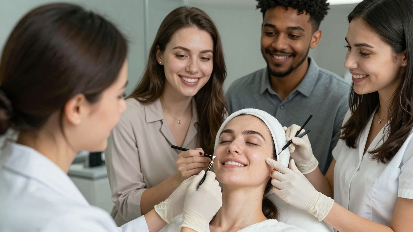 Smiling patients enjoying aesthetic treatments, looking refreshed and confident.