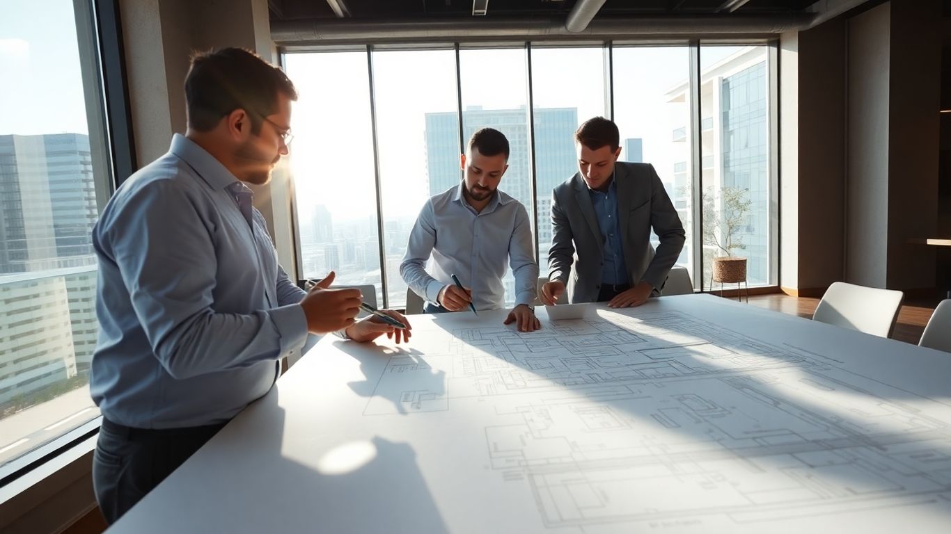 Houston architects working on 2D blueprints.