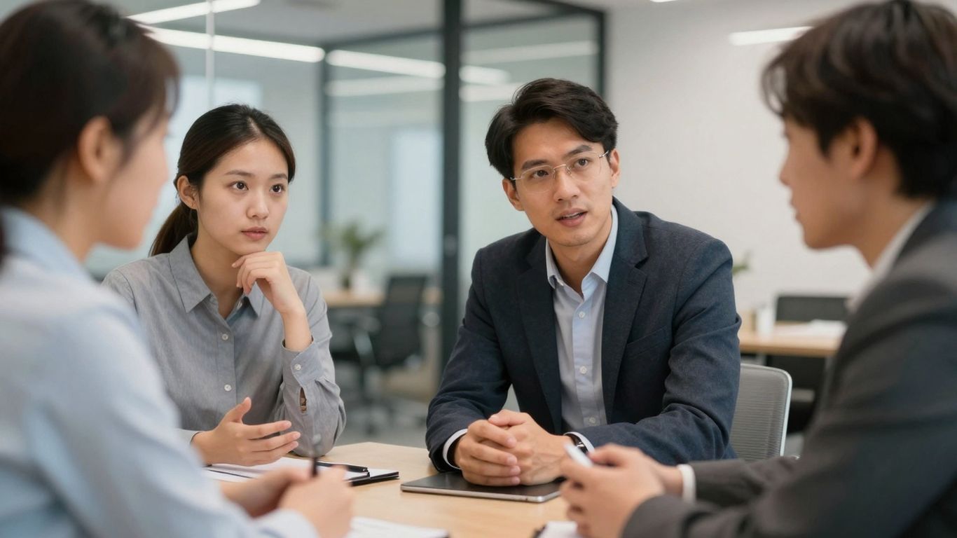 Professionals discussing service marketing strategies in a modern office.