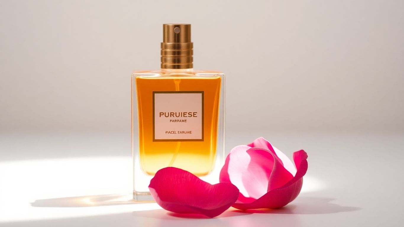 Elegant perfume bottle with a single rose petal.