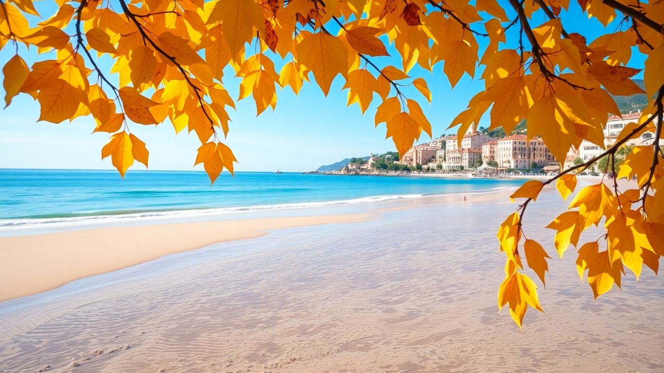 Autumn beach escape with European coastal town.