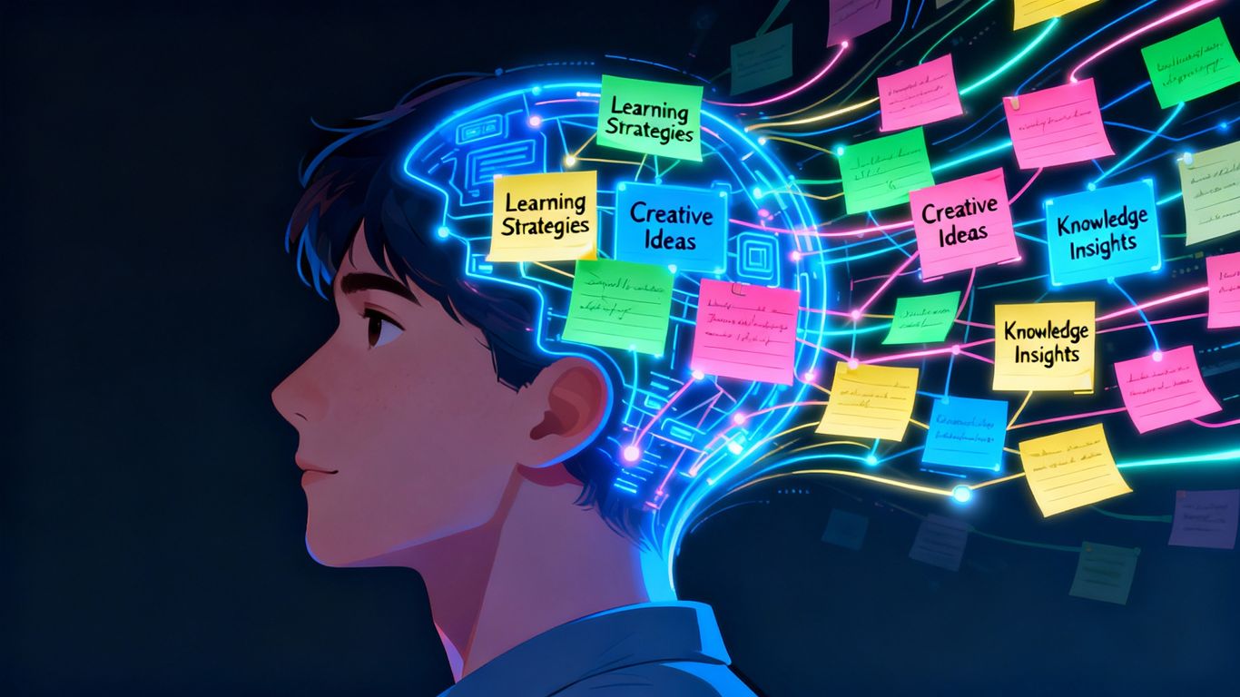 Digital notes and ideas organized within a person's head.