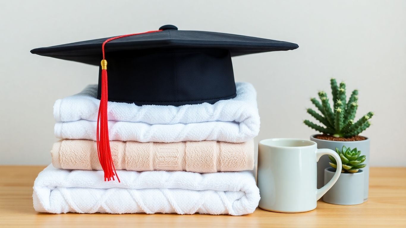 Graduation cap, towels, mug, and succulent plant on a wooden surface.