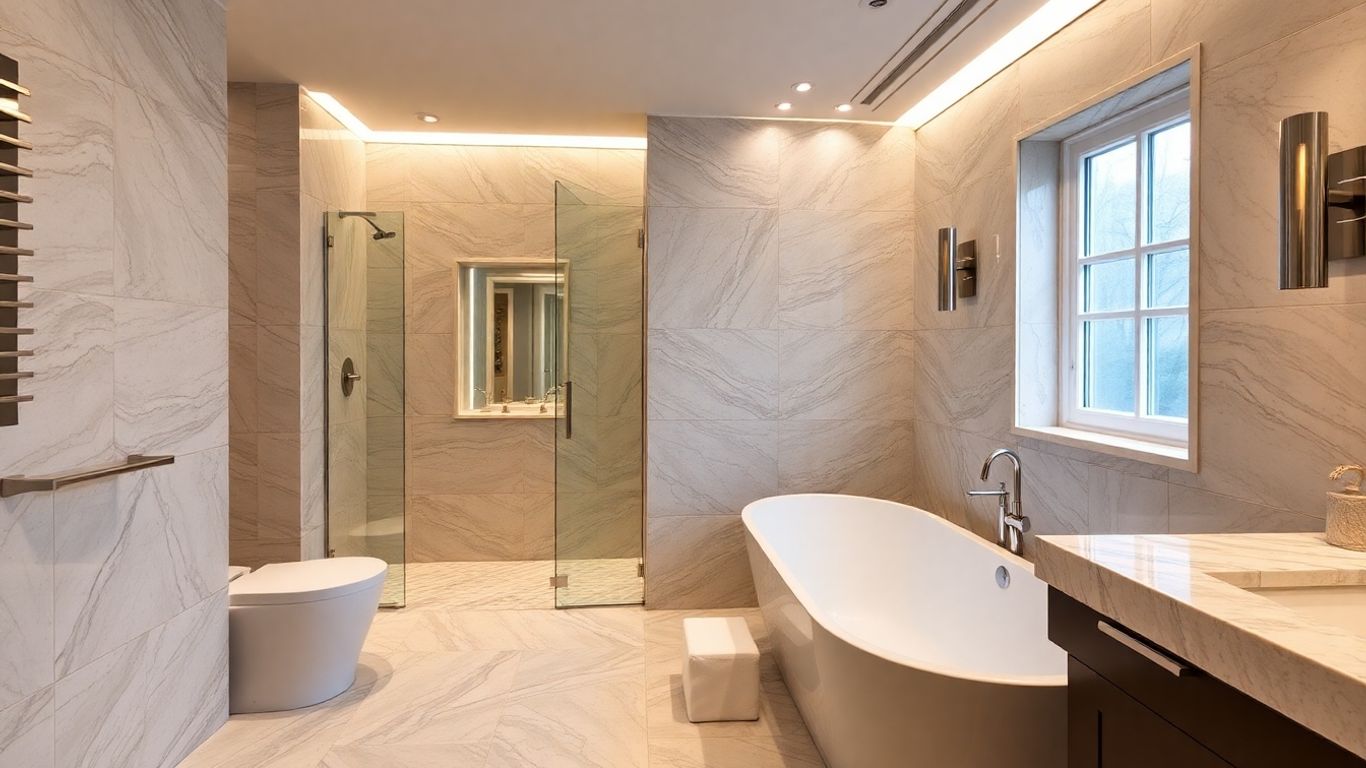 Luxurious bathroom remodel with soaking tub and elegant tile.