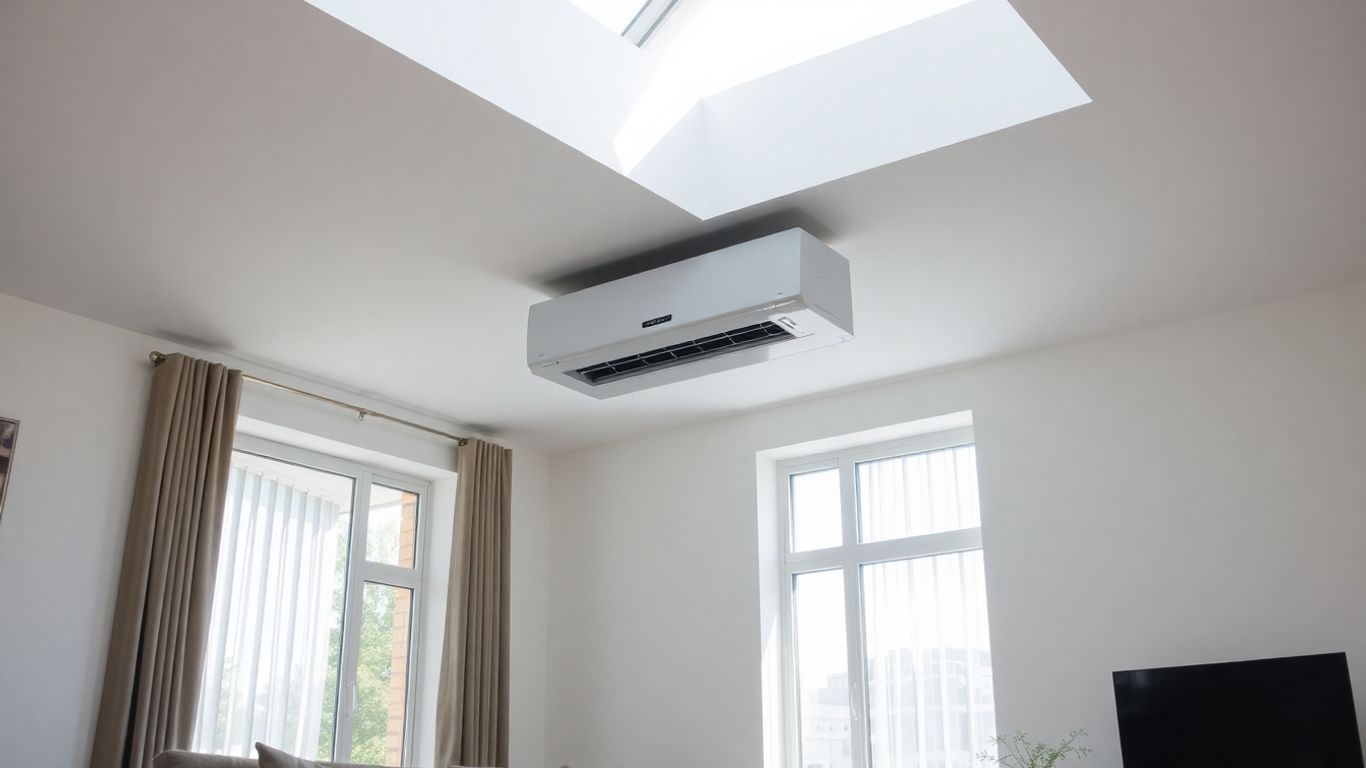 Unité de climatisation cassette dans un salon moderne.