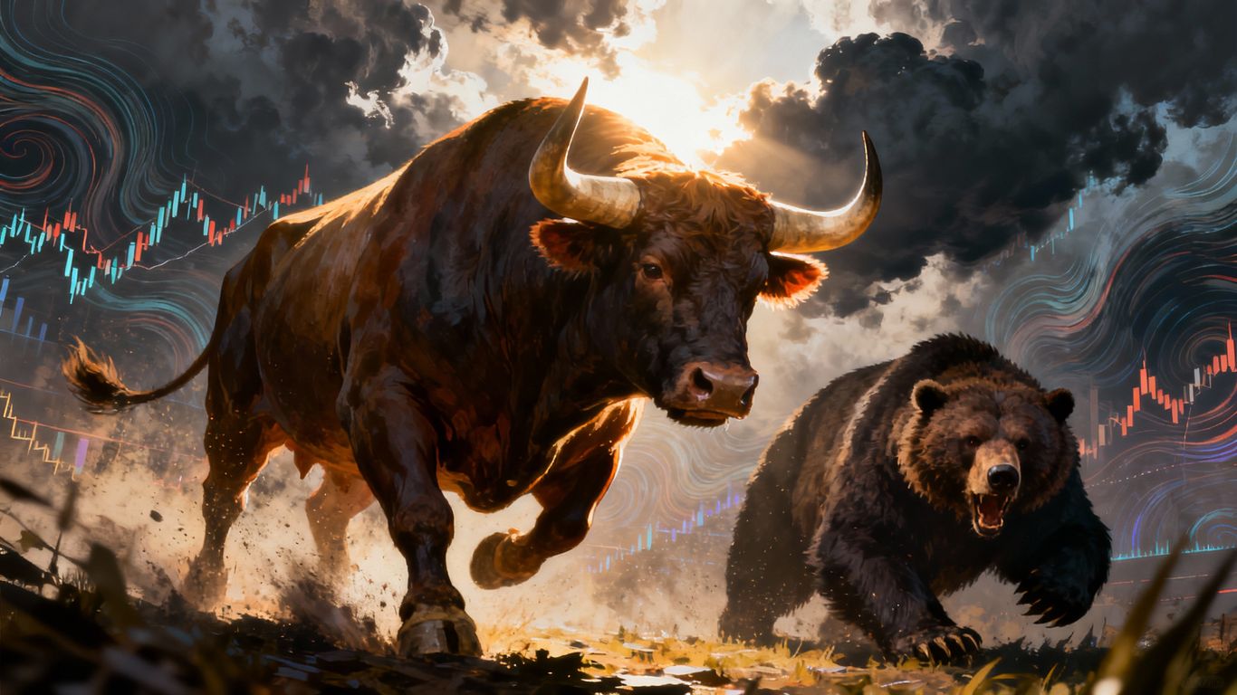 Bull and bear in a dynamic market struggle.
