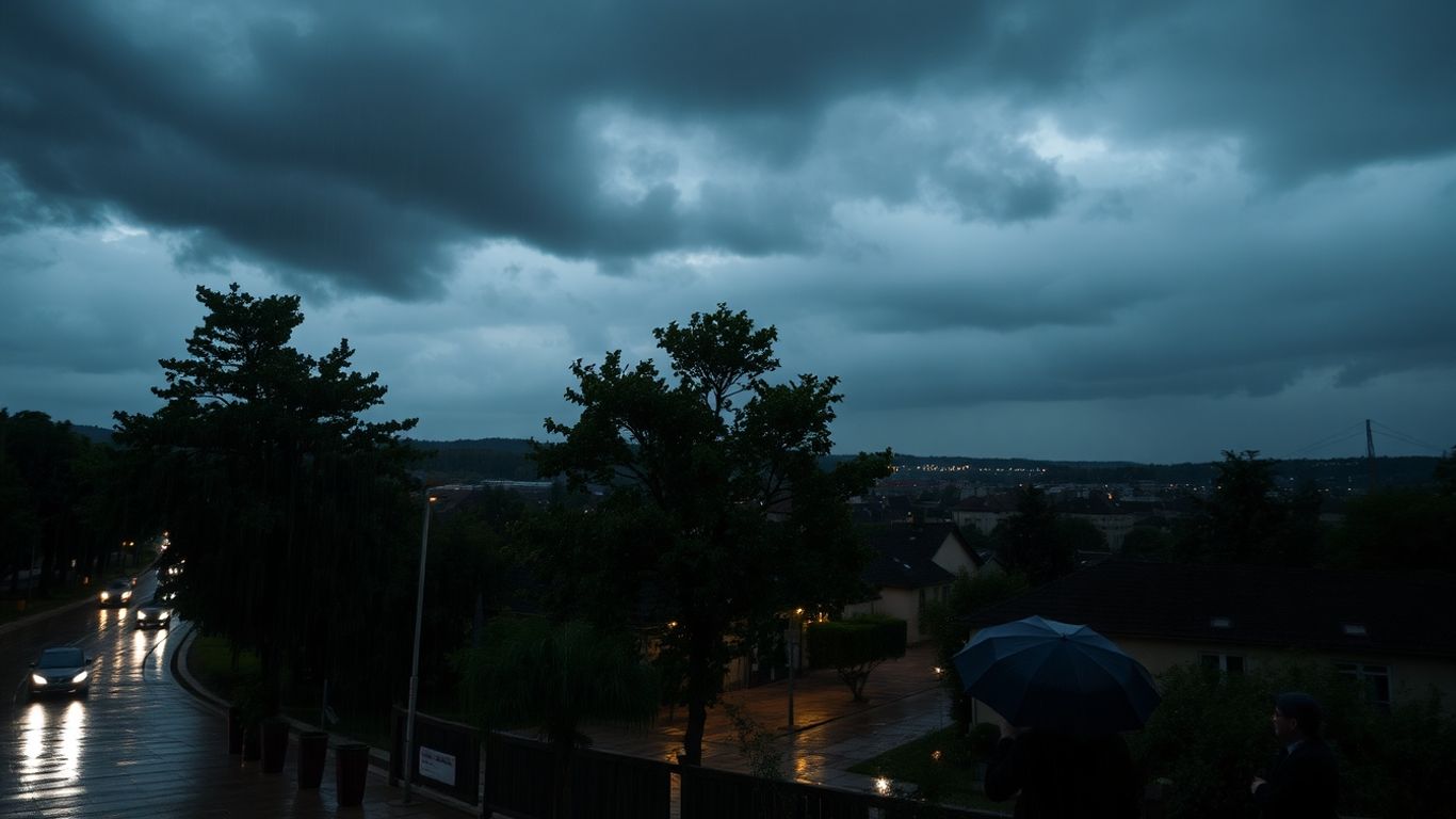 Pluie et vents forts sur une ville du nord français.