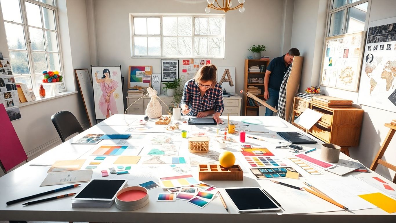 Designers in studio brainstorming over creative project materials