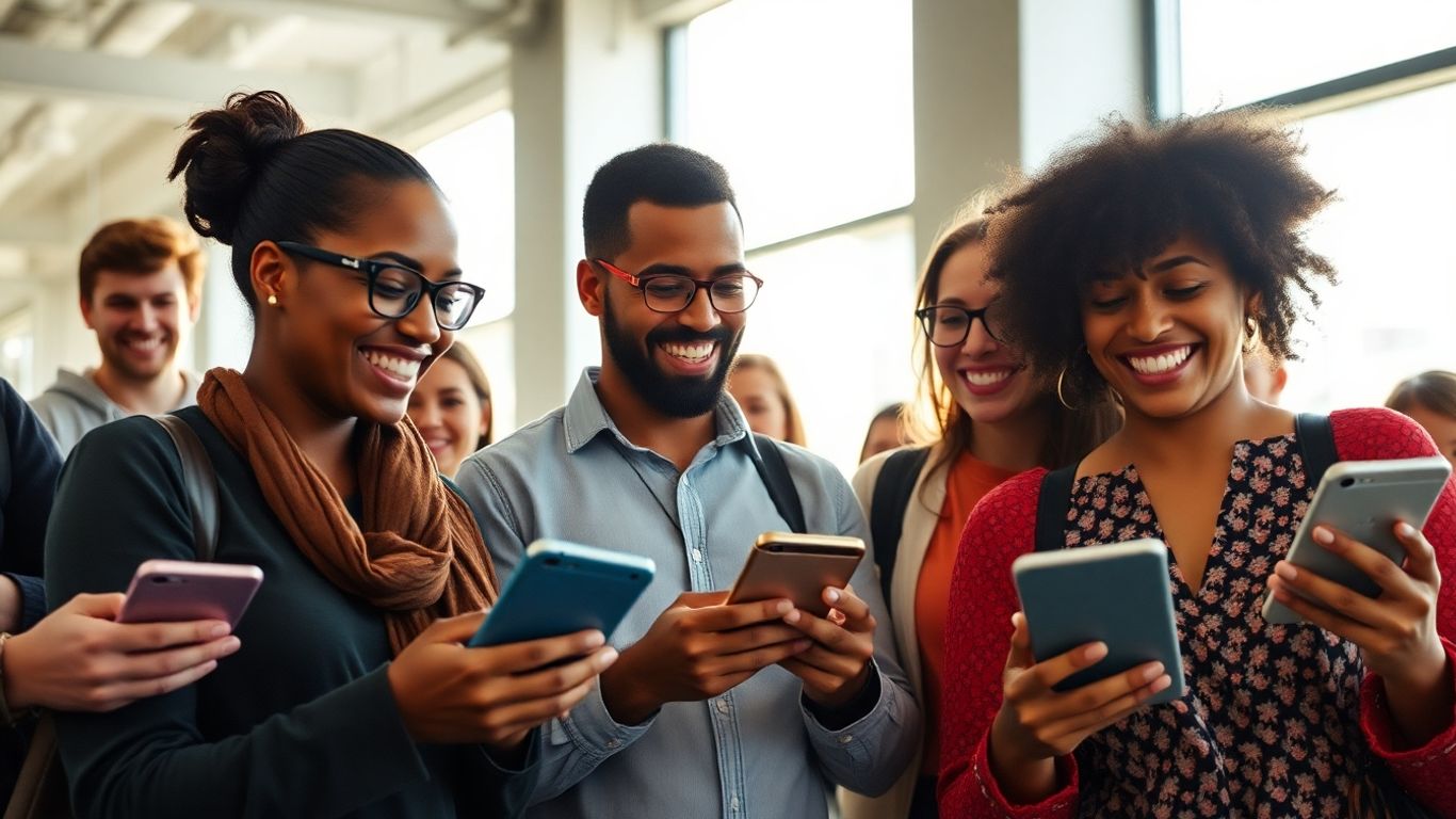 People happily engaging with technology and each other.