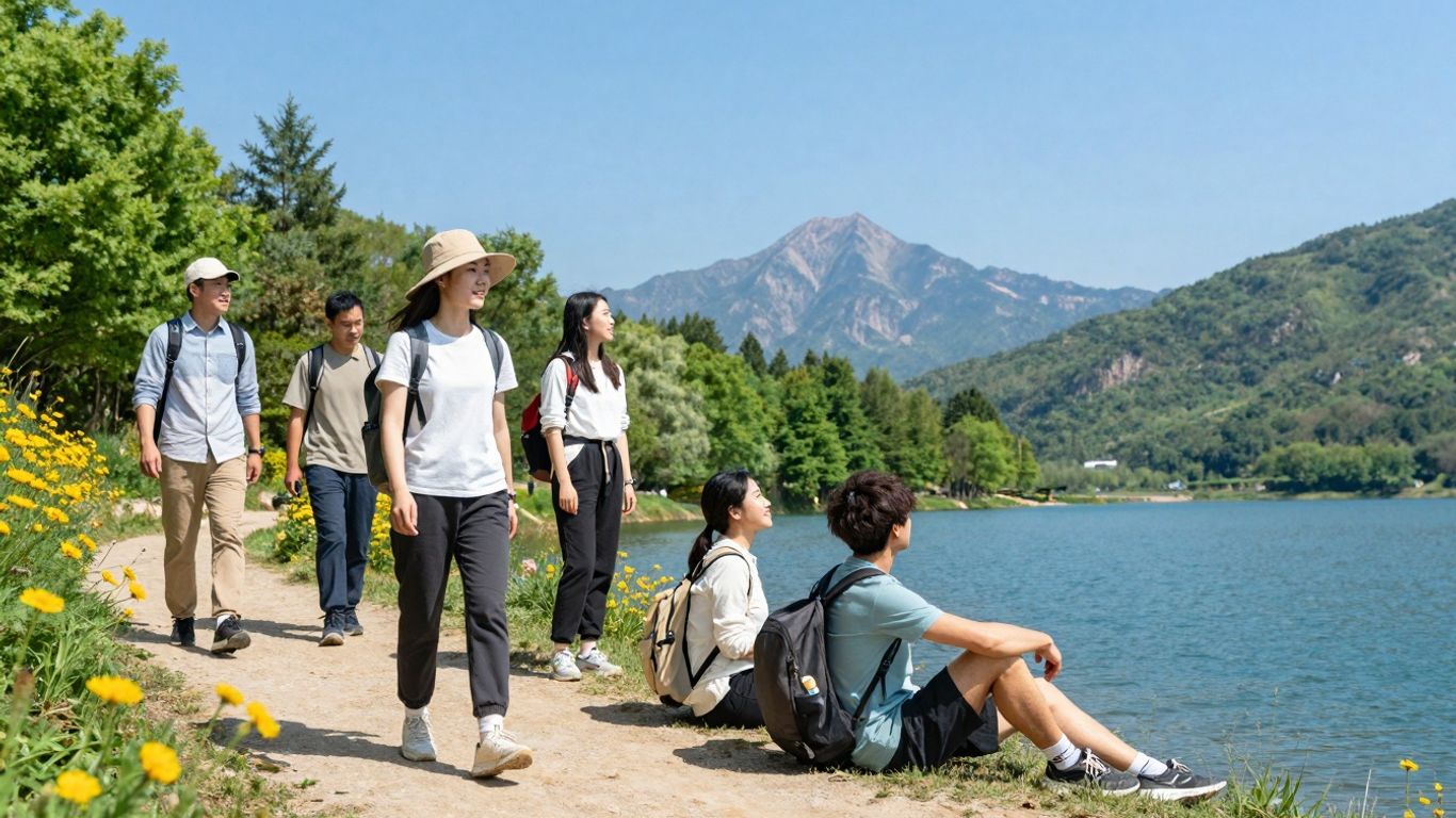 Studenci na tle gór i jeziora