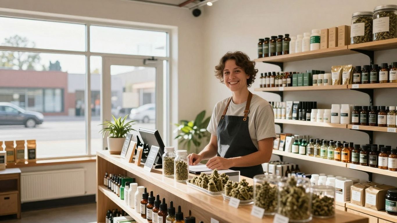 Aurora, Colorado cannabis dispensary interior with products and budtender.