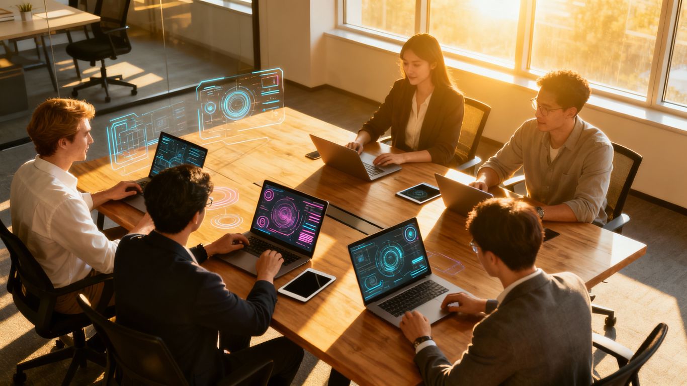 Professionals collaborating on IT outsourcing in a modern office.