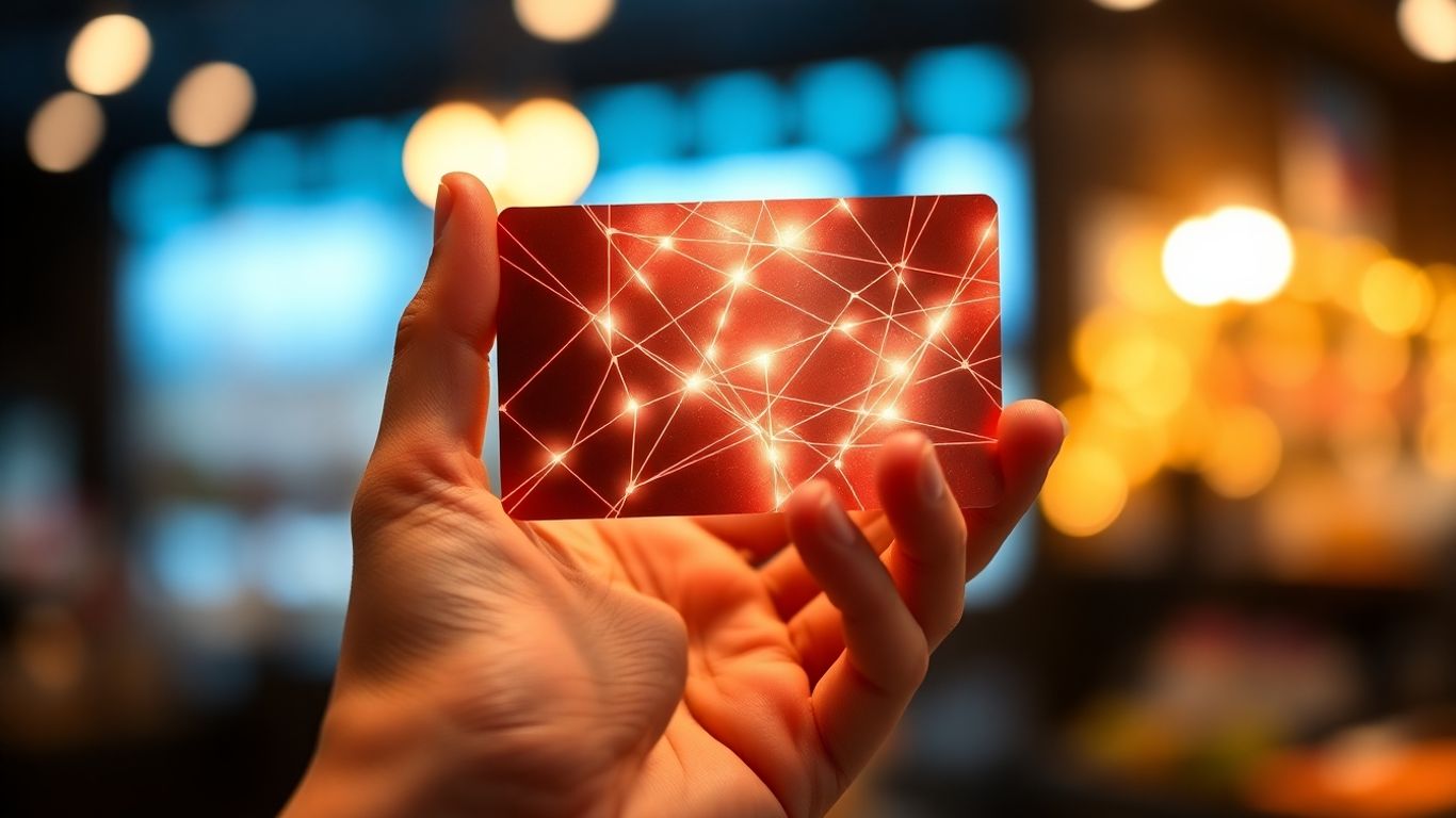 Loyalty card glowing with abstract interconnected lines.