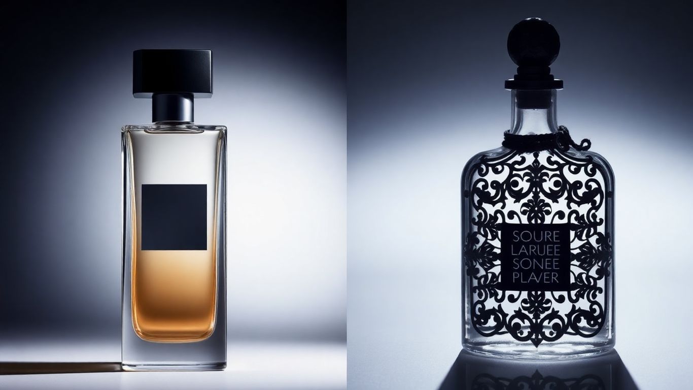 Designer versus niche perfume bottles side-by-side.