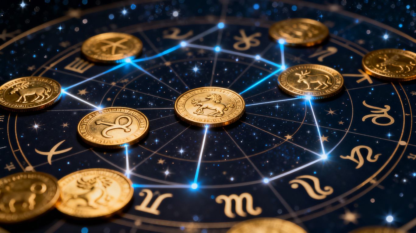 Financial astrology chart with gold coins and stars.