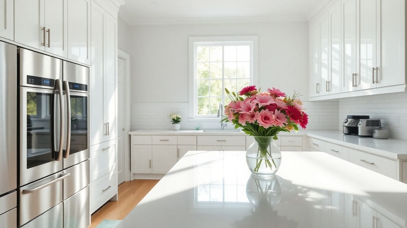 Modern kitchen interior with sunlight and flowers.