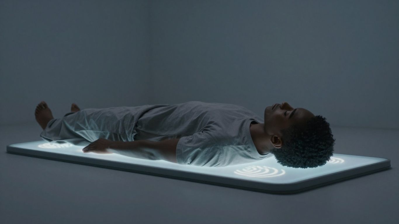 Person relaxing on a glowing PEMF mat.