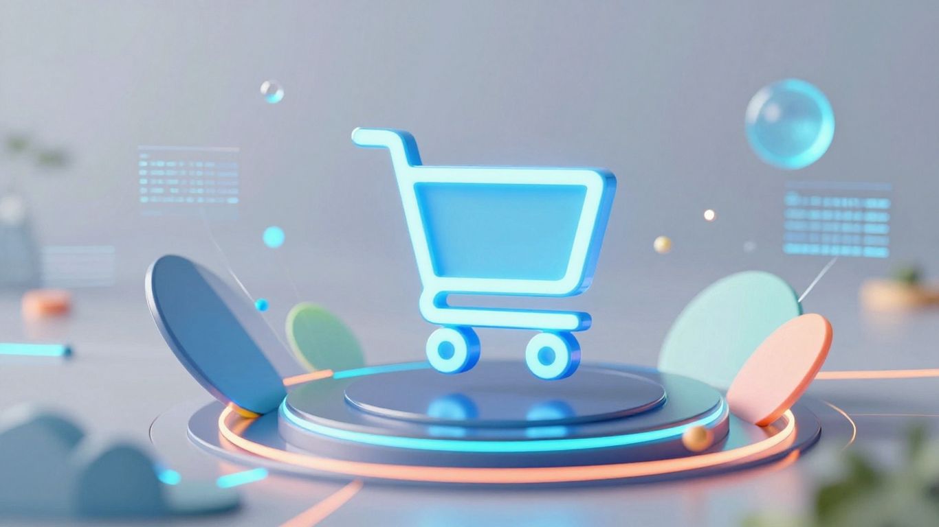 Digital landscape with shopping cart and data streams.