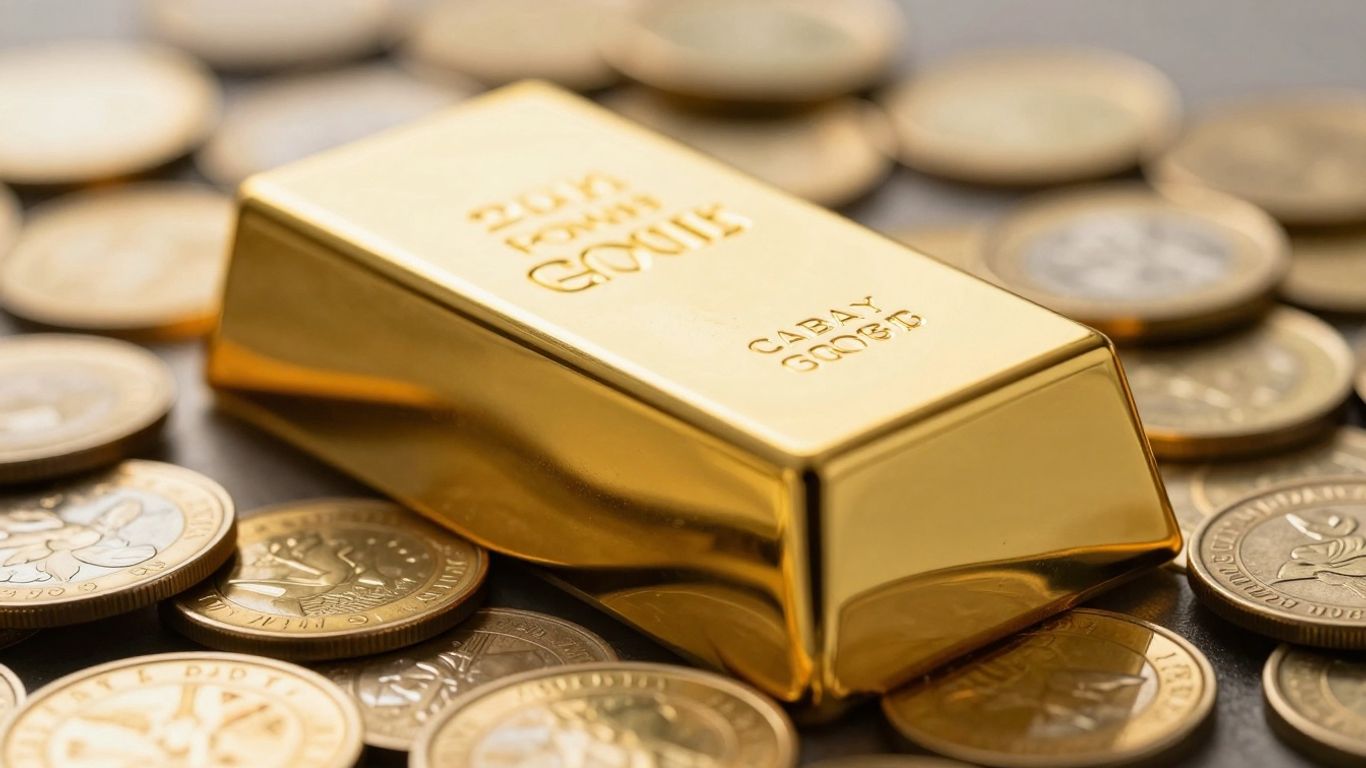 Lingots et pièces d'or brillants, gros plan.