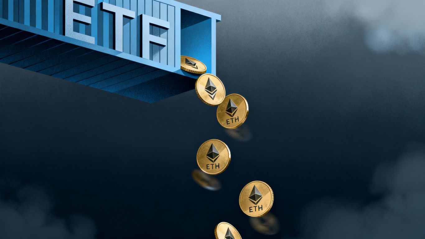 Ethereum coins exiting an ETF structure, indicating outflows.