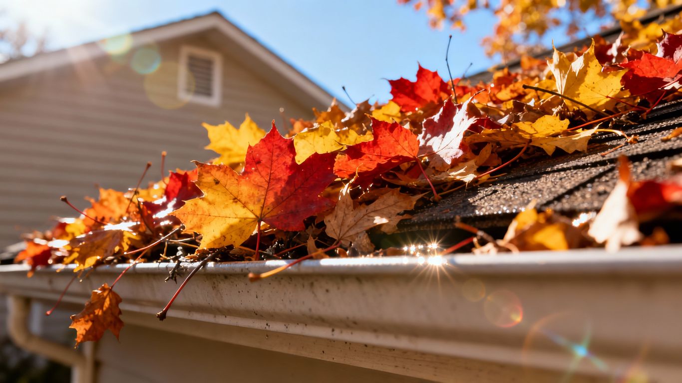 Autumn leaves clogging a house gutter.