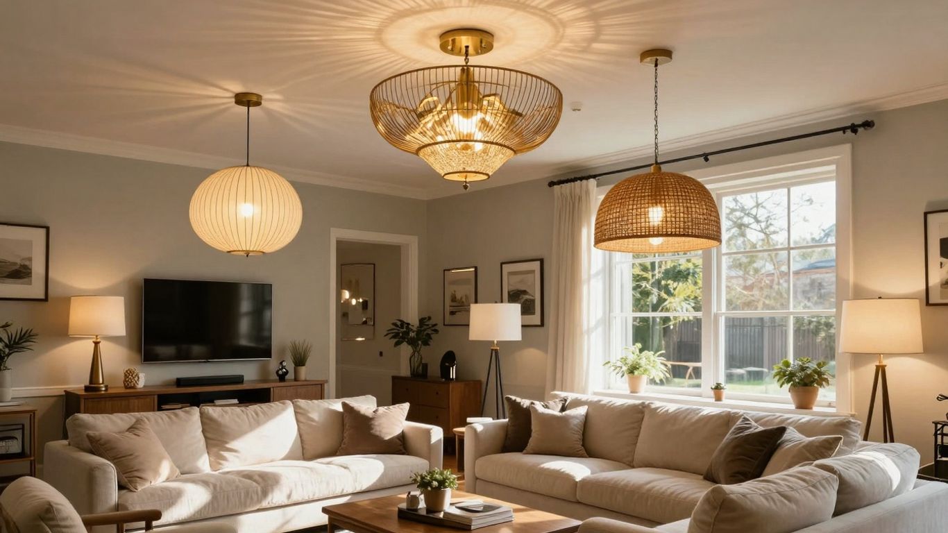 Stylish lamps illuminating a cozy living room interior.
