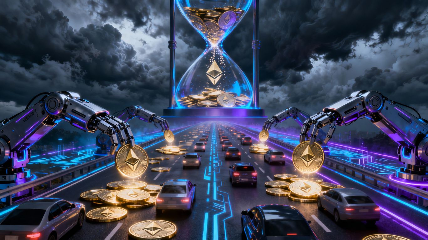Ethereum coins jammed with robotic arms in stormy scene