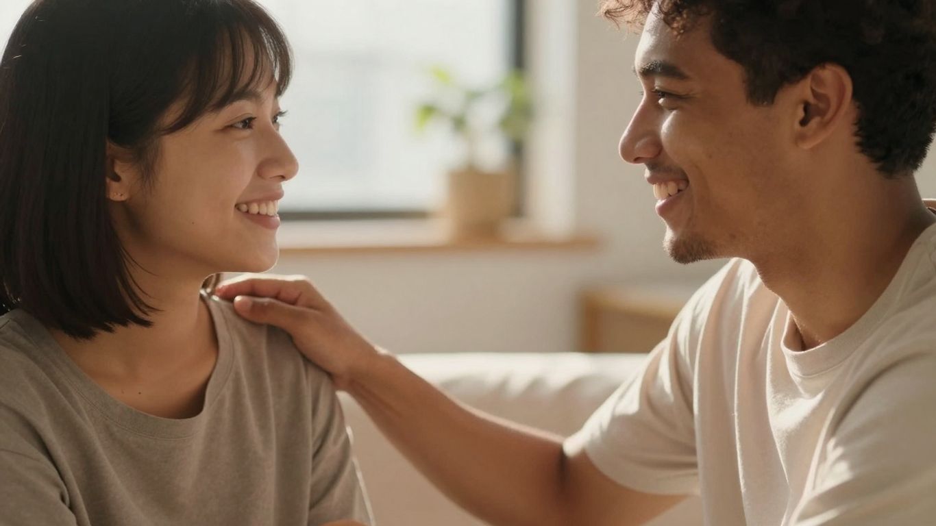Două persoane zâmbind autentic, conectate emoțional.
