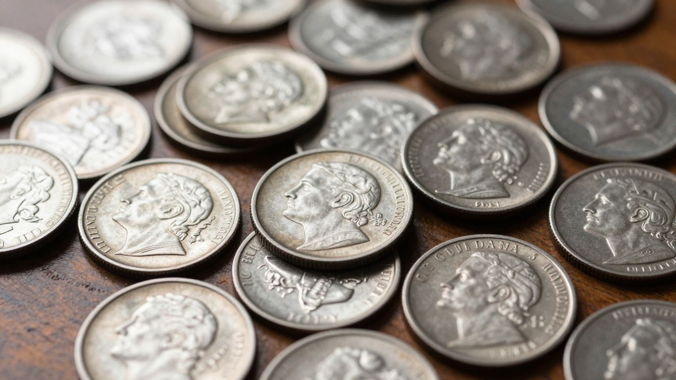 Variety of US coins on a wooden surface