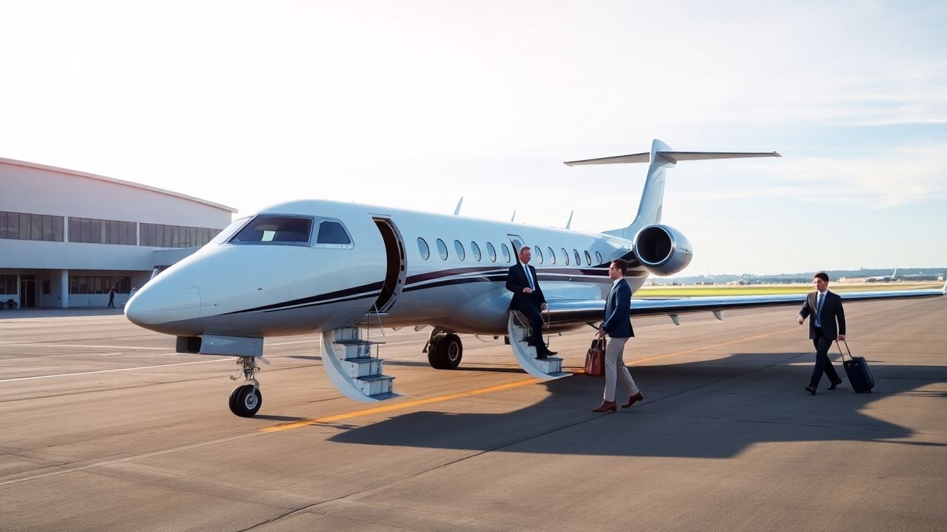 Private jet with travelers boarding at modern airport