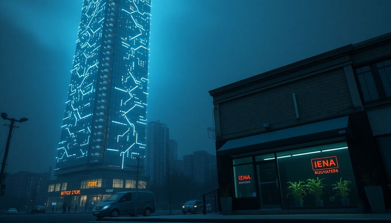 Large corporation skyscraper versus small struggling storefront, illustrating AI divide.