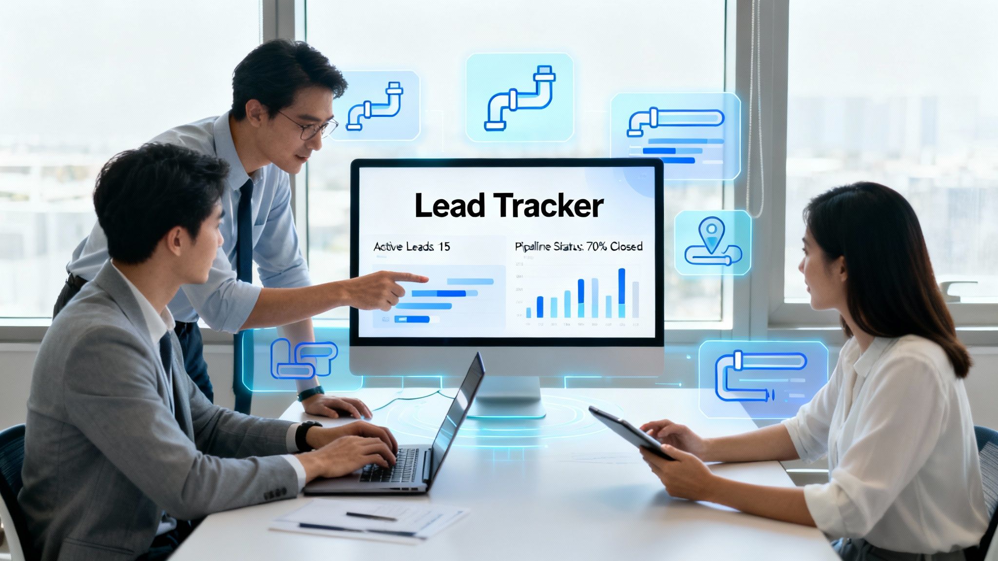 A clean, conceptual scene of a small business team collaborating and tracking leads in a digital workspace