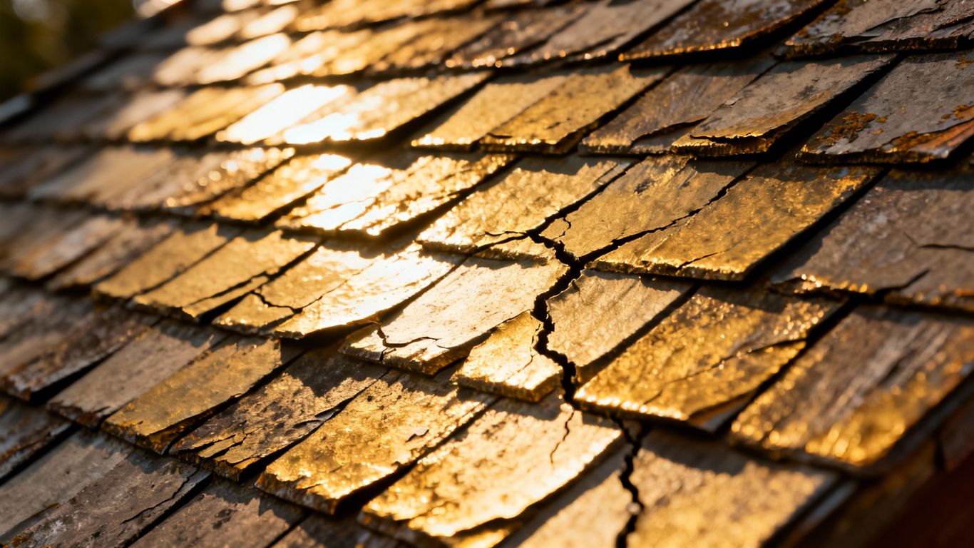 Roof surface with visible cracks from thermal cycling.
